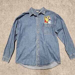 VTG Disney Store Winnie The Pooh Denim Button Up Shirt LS Embroidered Womens M